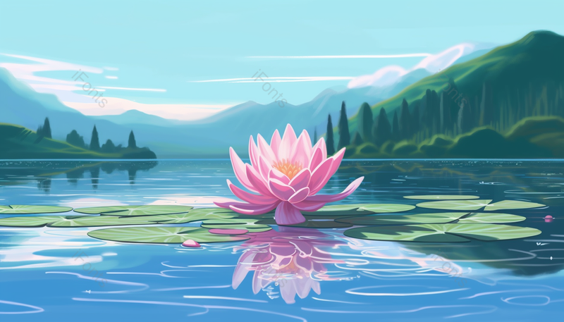 山脉夏天夏至荷花盛开开花荷叶植物水面户外景色自然插画,插画/手绘图,插画/手绘图库,插画/手绘图下载,插画/手绘